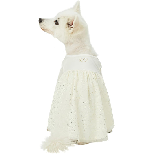 Blueberry Pet My Little Princess Cotton Blend Dog Tulle Dress in Sweet Vanilla with Heart, Back Length 14", Pack of 1 Clothes for Dogs