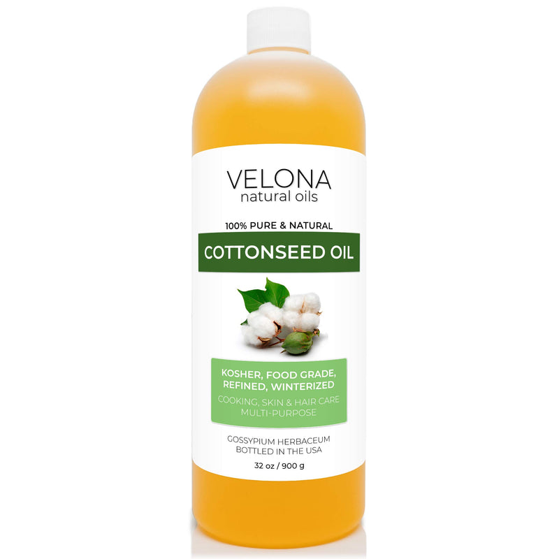 Cotton Seed Oil by Velona - 32 oz | 100% Pure and Natural Carrier Oil | Refined, Cold pressed | Cooking, Skin, Face, Body, Hair Care | Use Today - Enjoy Results