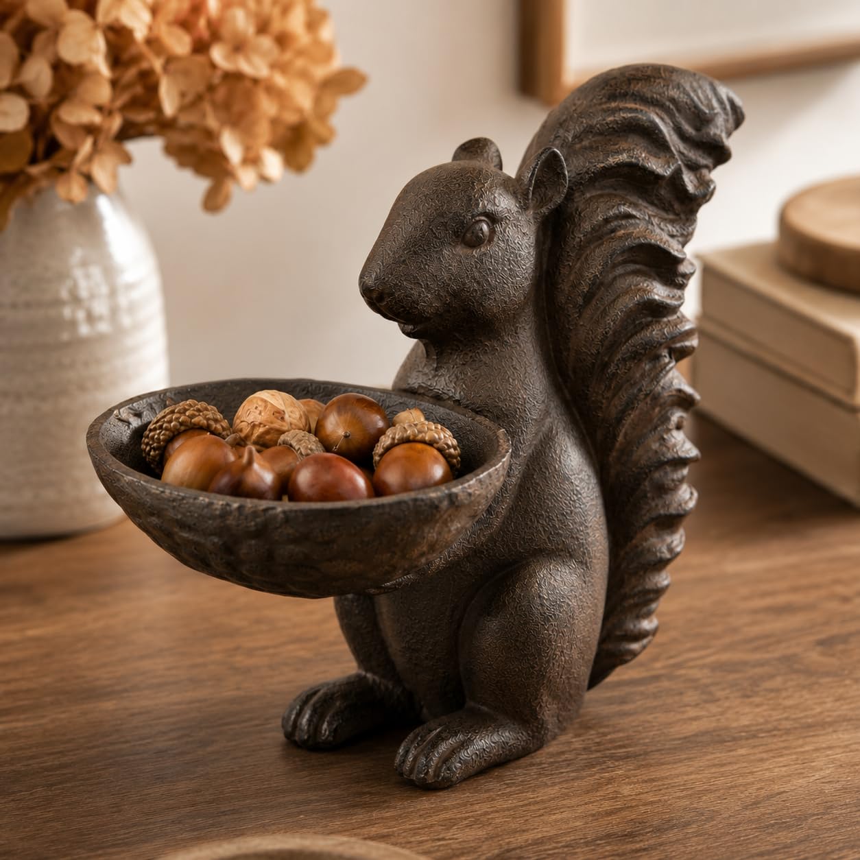 Comfy Hour Farmhouse Home Decor Collection 8" Decorative Squirrel Holding A Plate Figurine, For Indoor Candy Plate Or Outdoor Birdfeeder Use, Polyresin Statue Antique Copper Looking