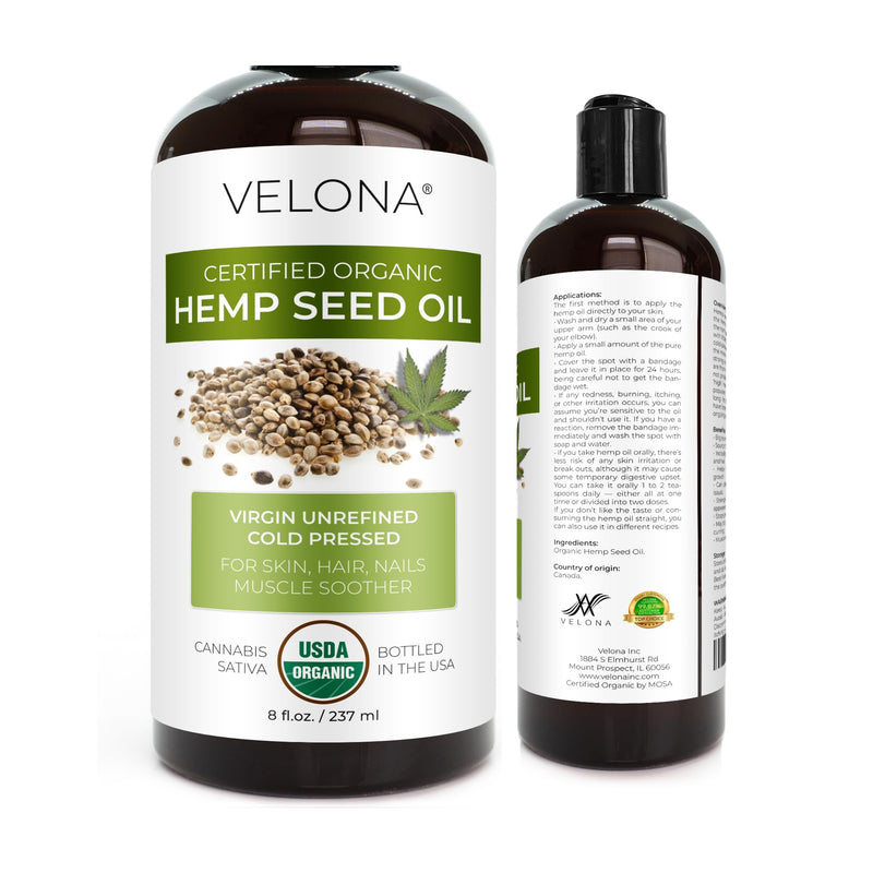 velona Hemp Seed Oil USDA Certified Organic - 8 oz | 100% Pure and Natural Carrier Oil | Unrefined, Cold Pressed