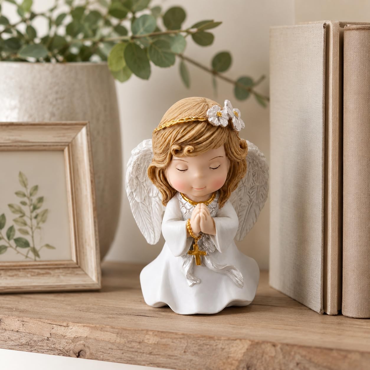 Comfy Hour 5 Inch Catholic Angel Statue, Praying Girl with Gold Cross