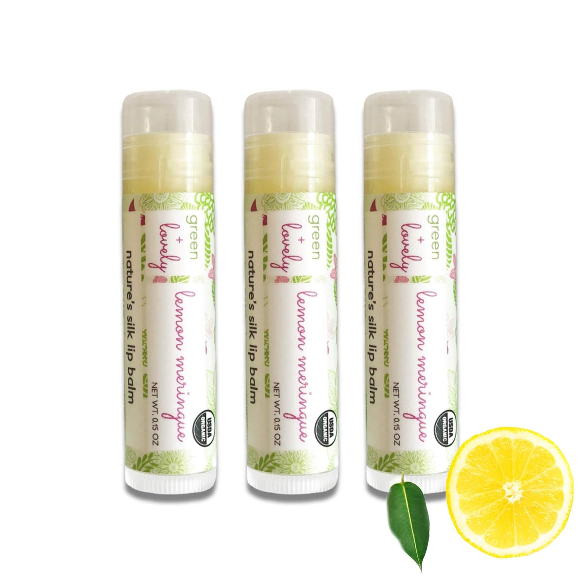 Green+Lovely Organic Certified Lip Balm Butter(3 Pack) by Green and Lovely | Lemon Meringue Lip Oil for Total Hydration and Repair | 0.15 oz Lip Moisturizer Tube Made with Premium Organic Ingredients