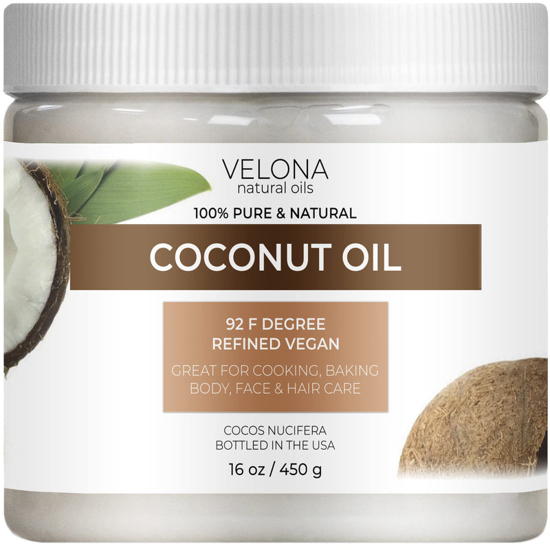 velona Coconut Oil 92 Degree 16 oz | 100% Pure and Natural Carrier Oil | in jar | Refined, Cold pressed | Skin, Face, Body, Hair Care | Use Today - Enjoy Results