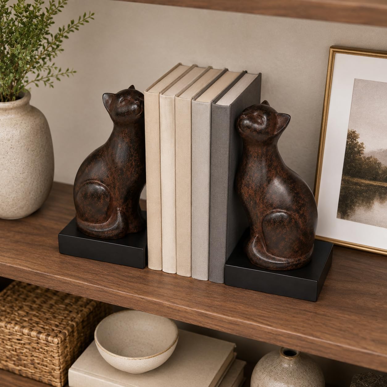 Comfy Hour Farmhouse Home Decor Collection 4" length 7" height Polyresin Set Of 2 Cats Bookends Art Bookend, 1 Pair, Brown Antique Effect