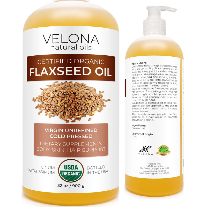 velona USDA Certified Organic Flaxseed Oil - 32 oz | 100% Pure and Natural Carrier Oil | Unrefined, Cold Pressed | Hair Growth, Body, Face & Skin Care | Use Today - Enjoy Results…