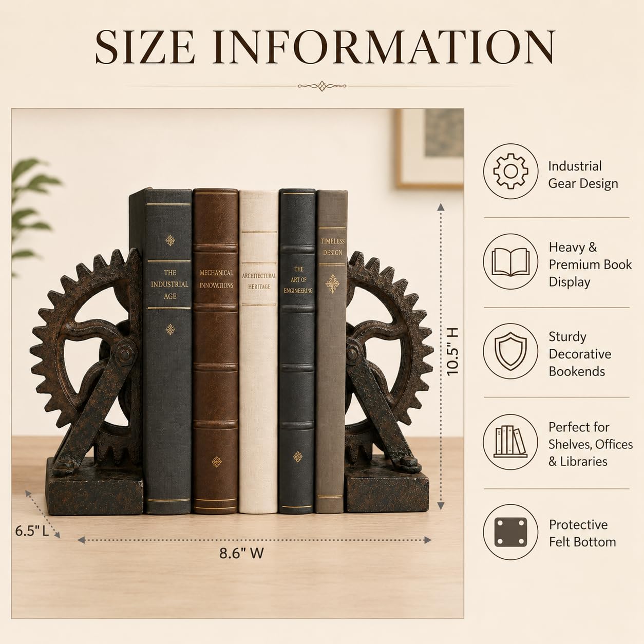 Comfy Hour Farmhouse Home Decor Collection Resin Set 2 Wheel Gear Bookends Art Bookends Solid Heavy Weight, Brown & Black