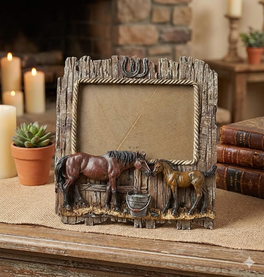 Comfy Hour 7.75 Inch Horse Picture Frame, Rustic Western Decor