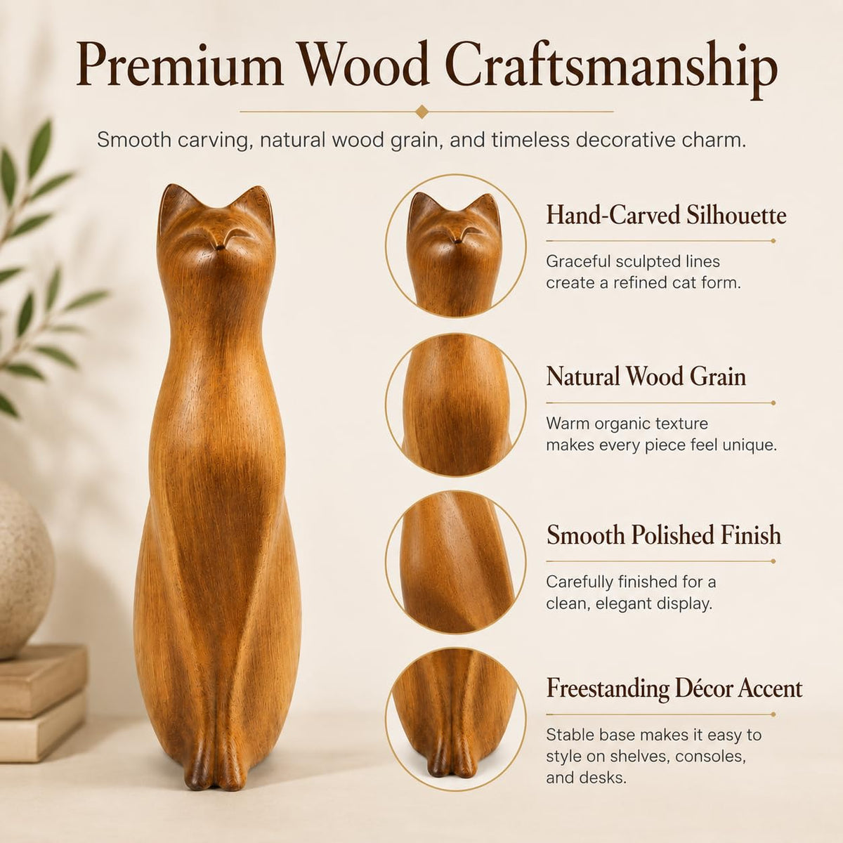 Comfy Hour Farmhouse Home Decor Collection 8" Decorative Kitty Statue Sitting Cat Figurine, Wood Grain Smooth Finish, Polyresin
