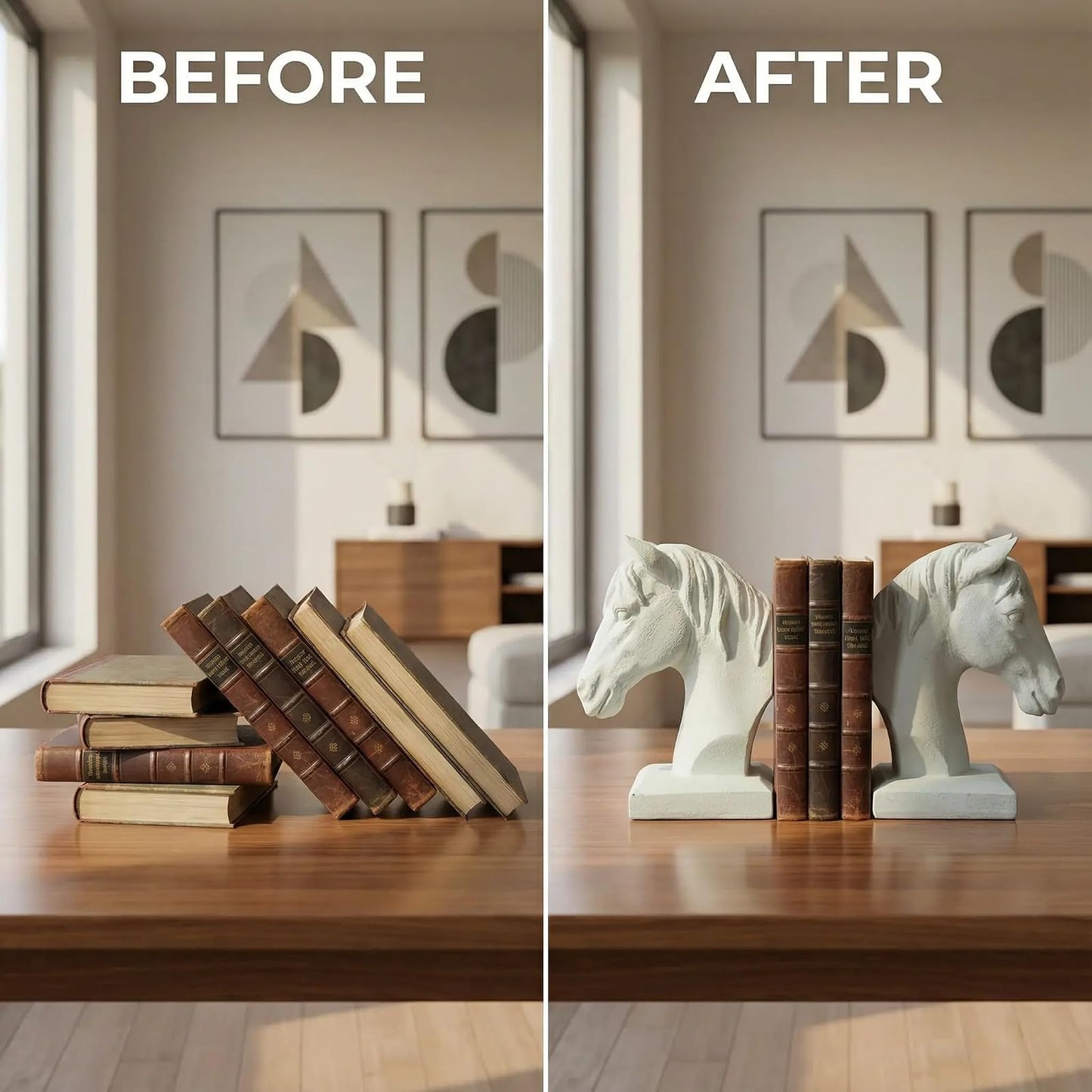 Comfy Hour Farmhouse Home Decor Collection 5" Length 7" Height Set 2 Horse Head Bookends Art Bookend, 1 Pair, Antique Style, Heavy Weight, White, Polyresin