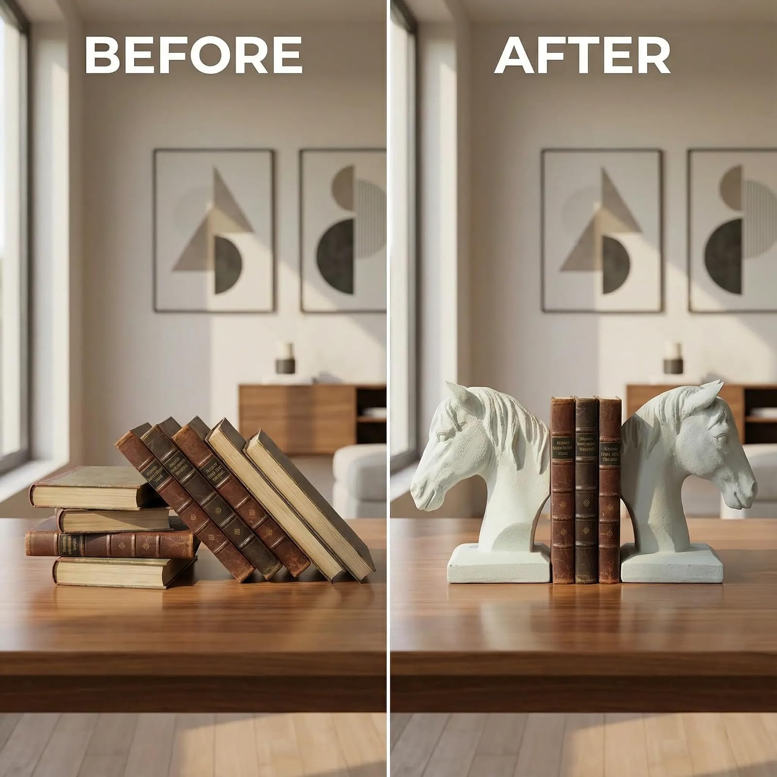 Comfy Hour Farmhouse Home Decor Collection 5" Length 7" Height Set 2 Horse Head Bookends Art Bookend, 1 Pair, Antique Style, Heavy Weight, White, Polyresin