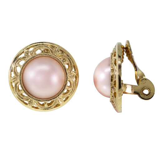1928 Jewelry Pink Faux Pearl Button Clip On Earrings