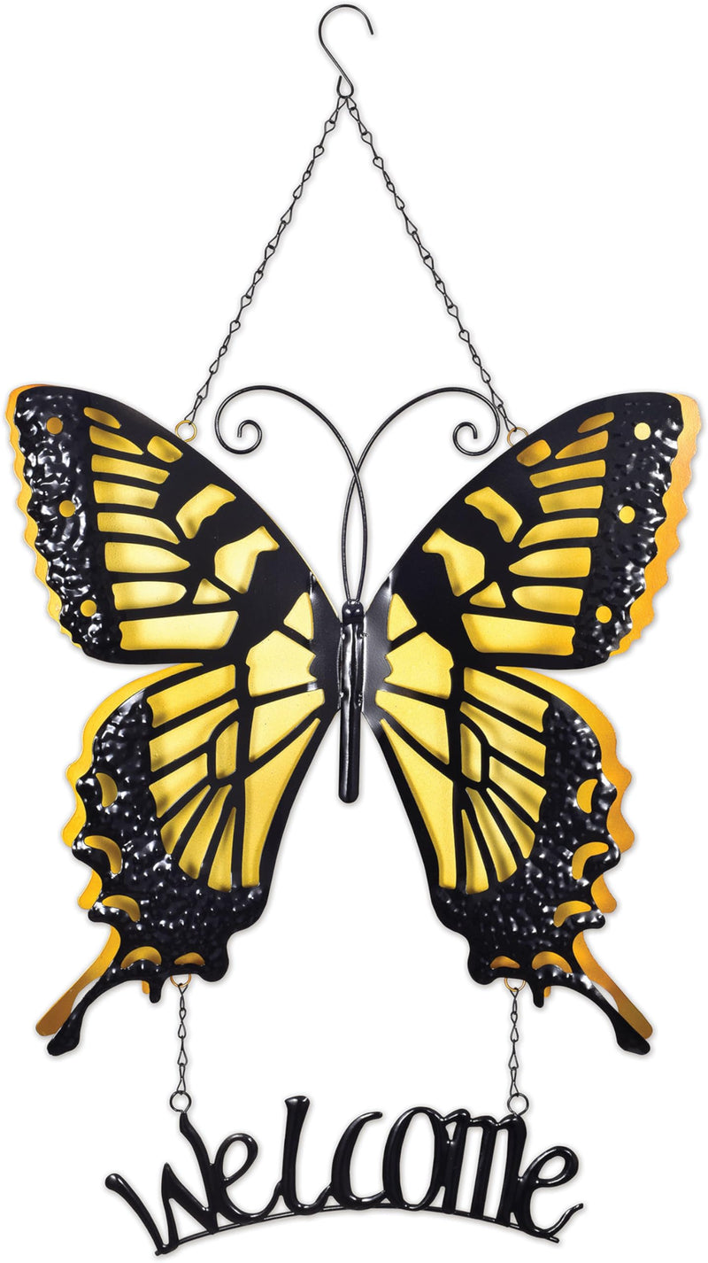 Sunset Vista Designs Home Décor - Large Handcrafted Metal Butterfly Welcome Sign for Front Door Patio or Porch, Yellow