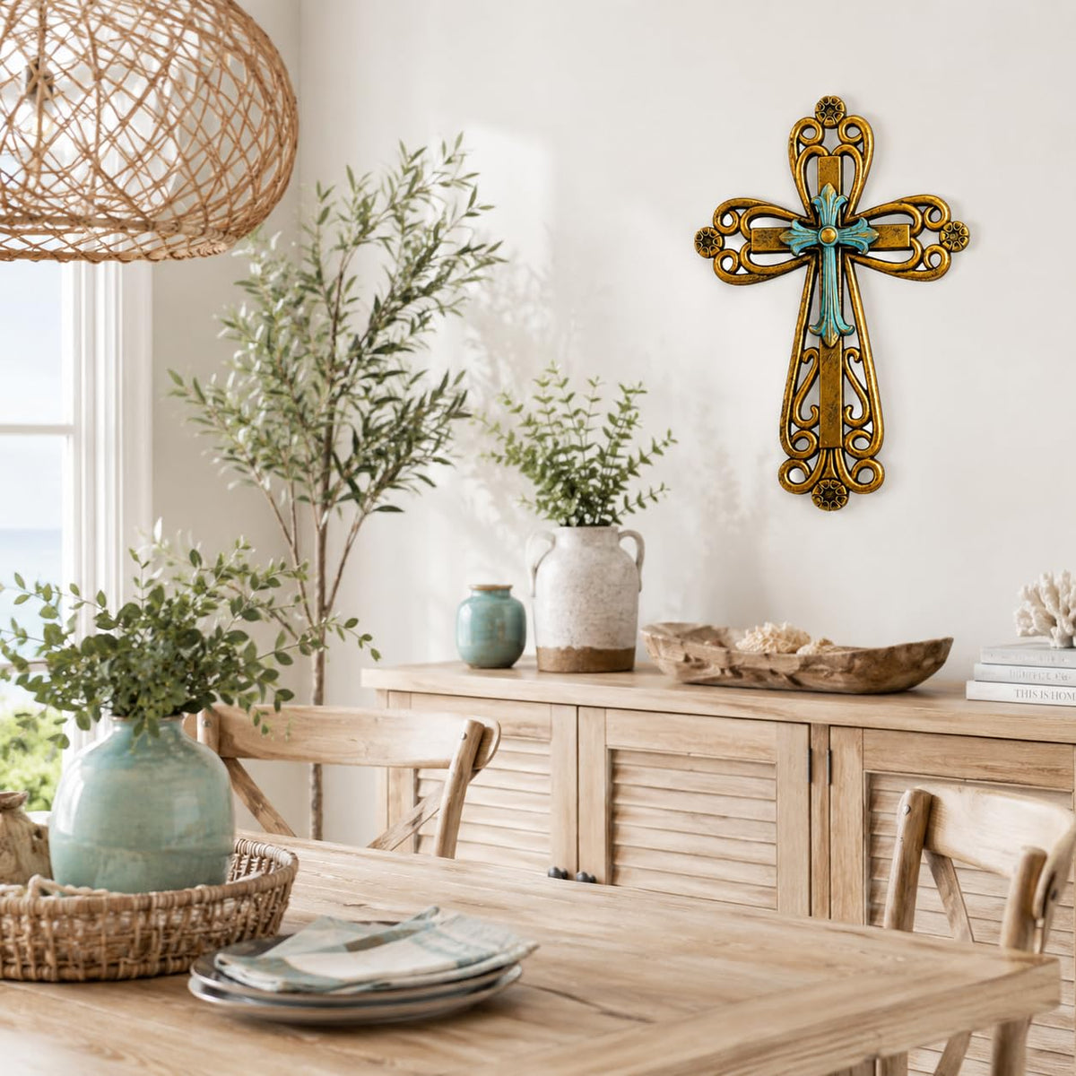 Comfy Hour 13 Inch Cross Wall Decor, Bronze Turquoise Christian Cross