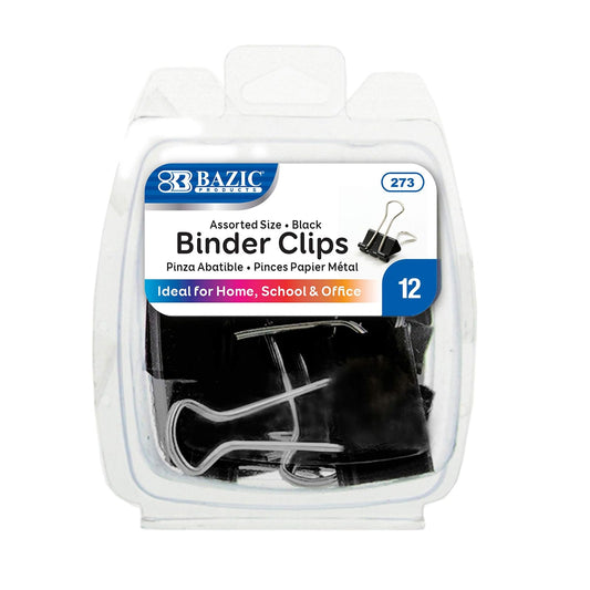 BAZIC Assorted Size Black Metal Binder Clip, Small Medium Large Fold Back Paper Clamps Clips for Office School Supplies, Home Kitchen Storage Tool (12/Pack), 1-Pack