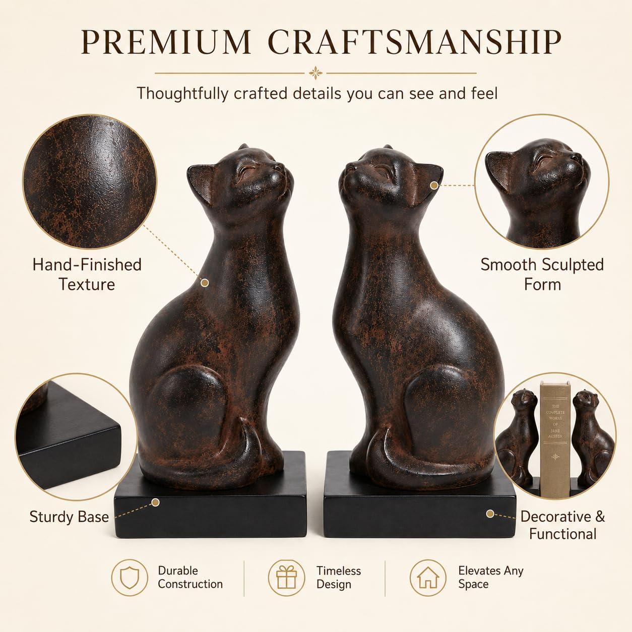 Comfy Hour Farmhouse Home Decor Collection 4" length 7" height Polyresin Set Of 2 Cats Bookends Art Bookend, 1 Pair, Brown Antique Effect