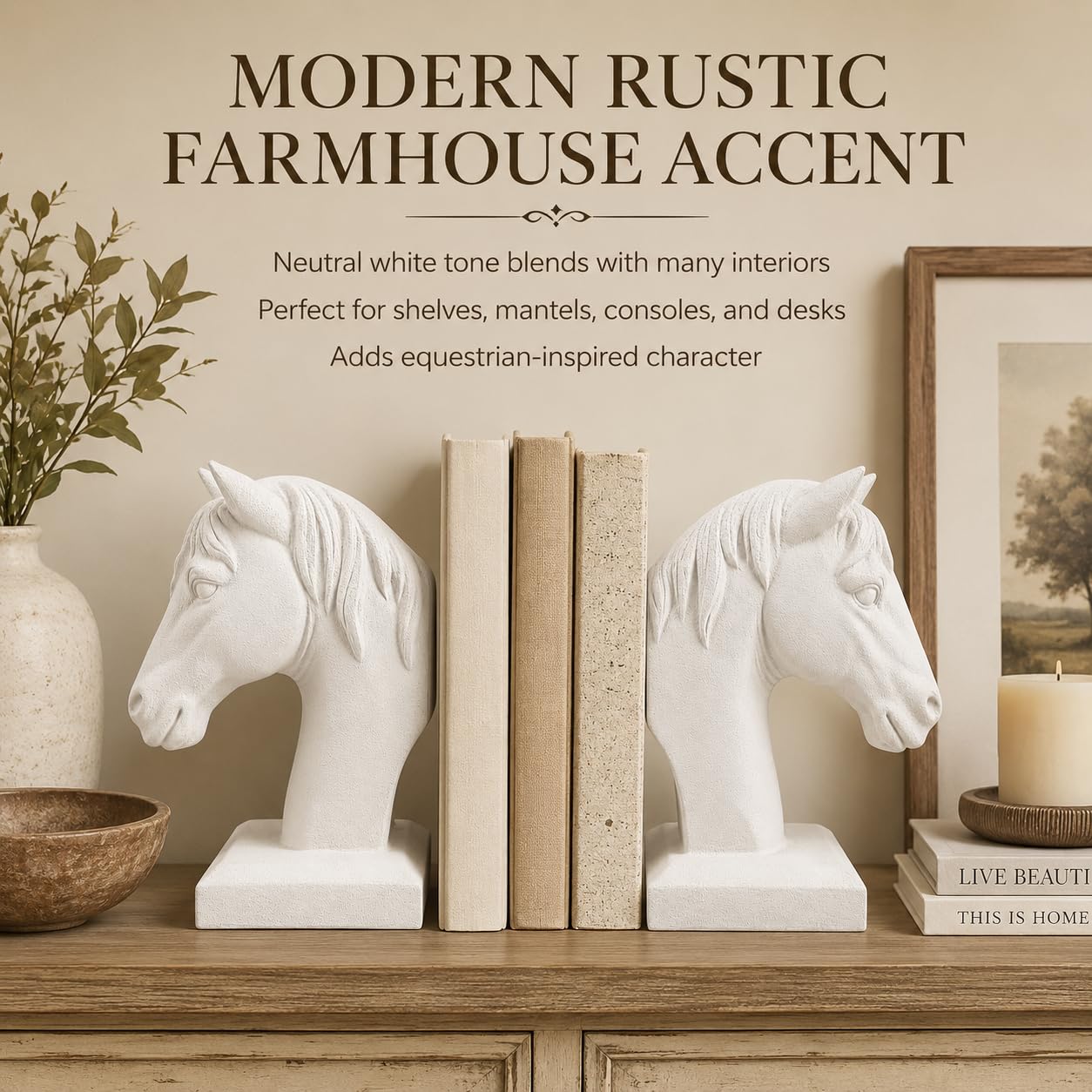Comfy Hour Farmhouse Home Decor Collection 5" Length 7" Height Set 2 Horse Head Bookends Art Bookend, 1 Pair, Antique Style, Heavy Weight, White, Polyresin