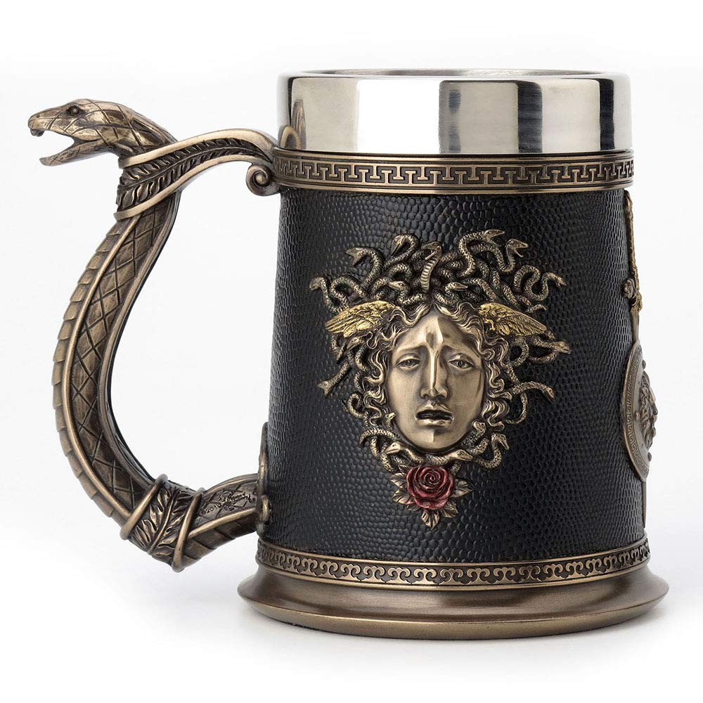 Unicorn Studio Veronese Design 5.75 Inch Greek Roman Goddess Medusa Beer Stein Large Stainless Steel Tumbler Antique Bronze Finish Sculpture Tabletop Decorative Cup