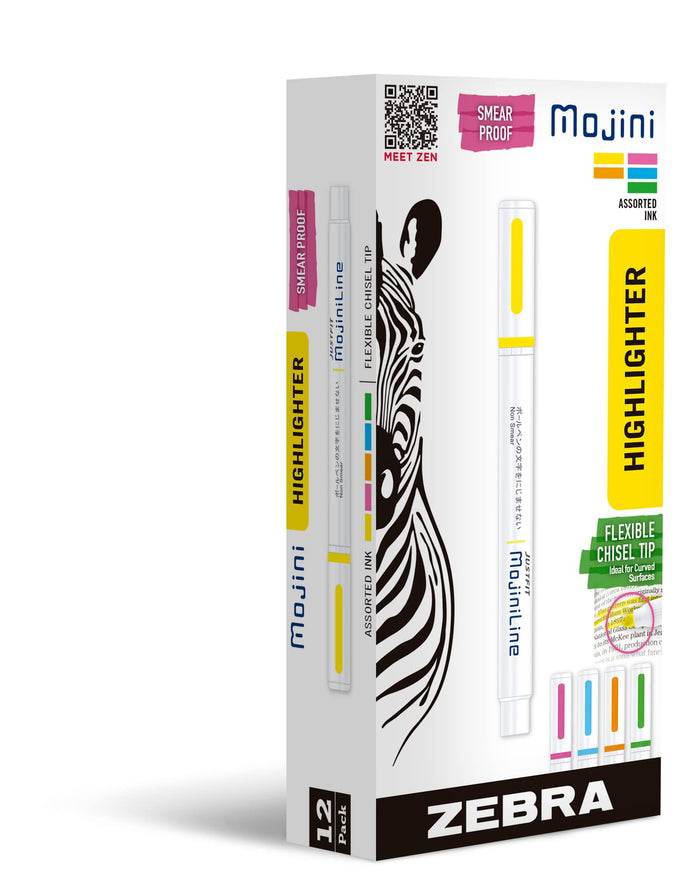 Zebra Pen Mojini Assorted Ink Highlighter Marker, Flexible Chisel Tip, Assorted Ink Colors, 12-Pack (70200)