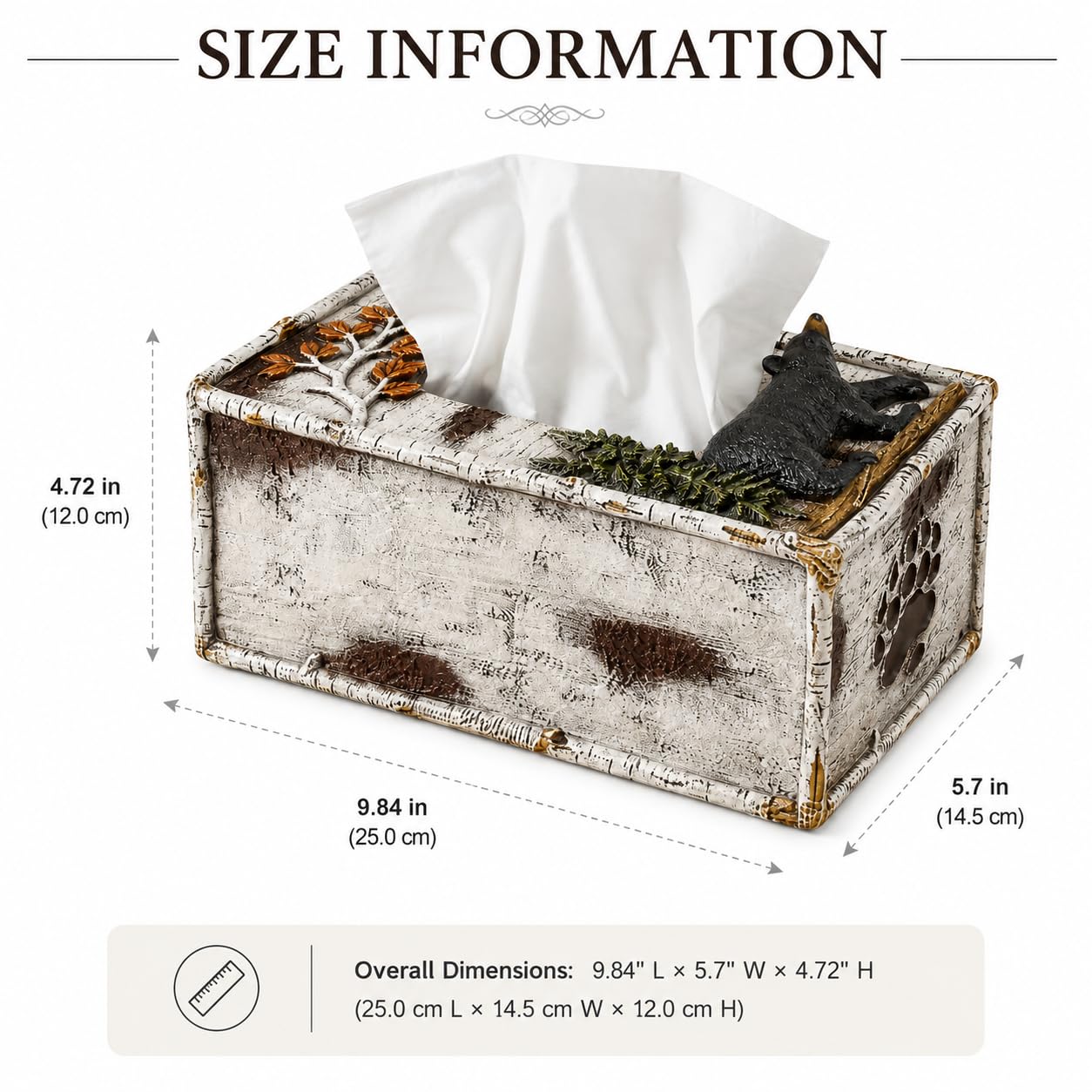 Comfy Hour 10 Inch Bear Tissue Box Cover, Rustic Birch Decor