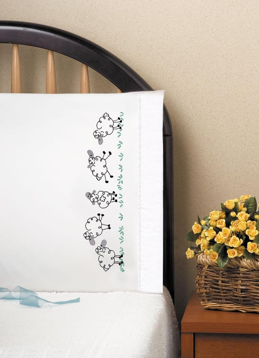 Design Works Crafts Tobin 20" x 30" Stamped Pillowcases for Embroidery, Running Sheep, White