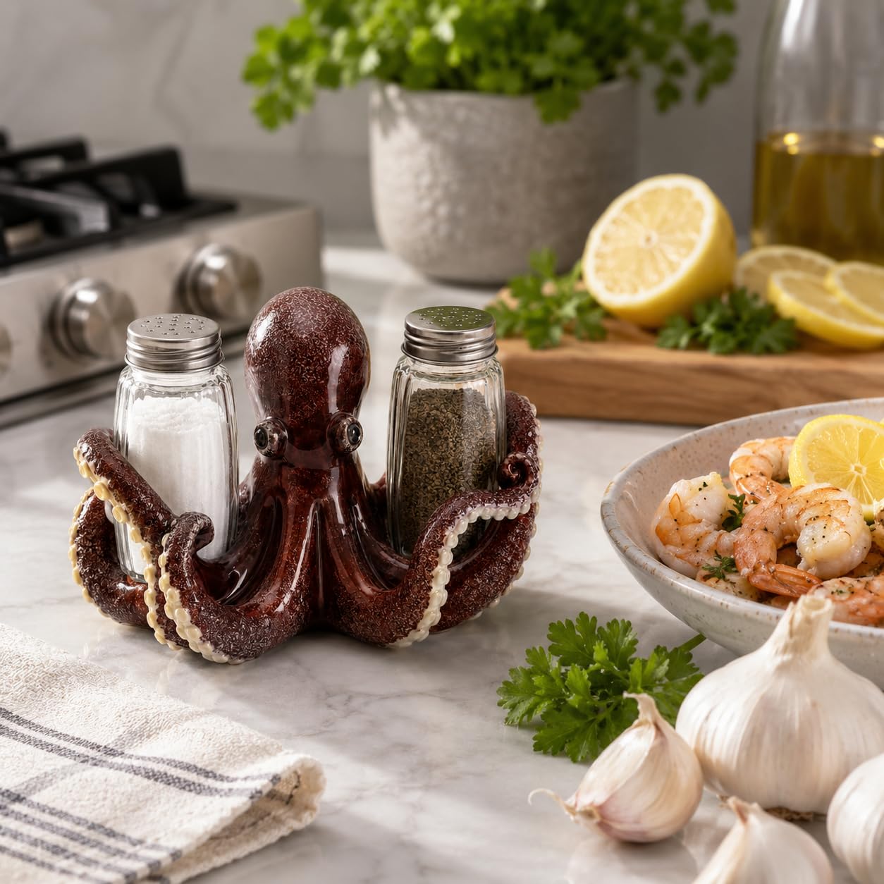 Comfy Hour 6 Inch Octopus Salt and Pepper Shakers, Red Holder
