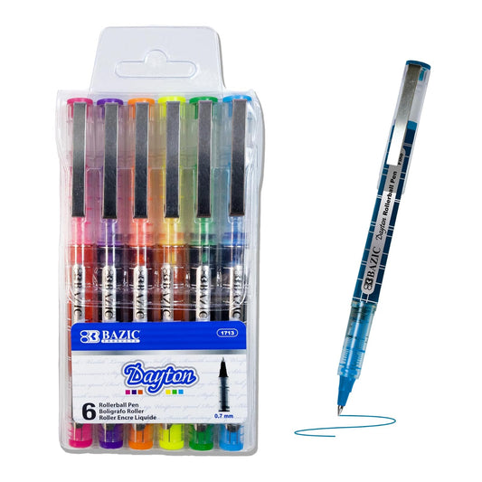 BAZIC 6 Color Dayton Rollerball Pen w/Metal Clip 0.7mm, Flowing Liquid Ink, Smooth Writing Rolling Ball Stick Pens, Assorted Colors, 1-Pack
