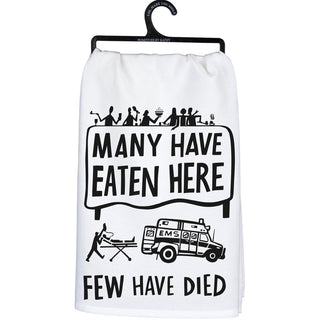 Primitives by Kathy Dish Towel Many Have Eaten Here Few Have Died Kitchen Accessories