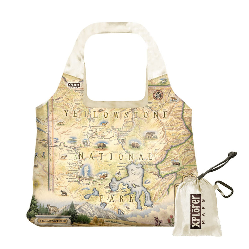 Xplorer Maps Yellowstone National Park Map Pouch Tote with Handles - Grocery Shopping Bag - Reusable &amp; Eco-friendly - Foldable Nylon - Heavy Duty Fits in Pocket - 18x25