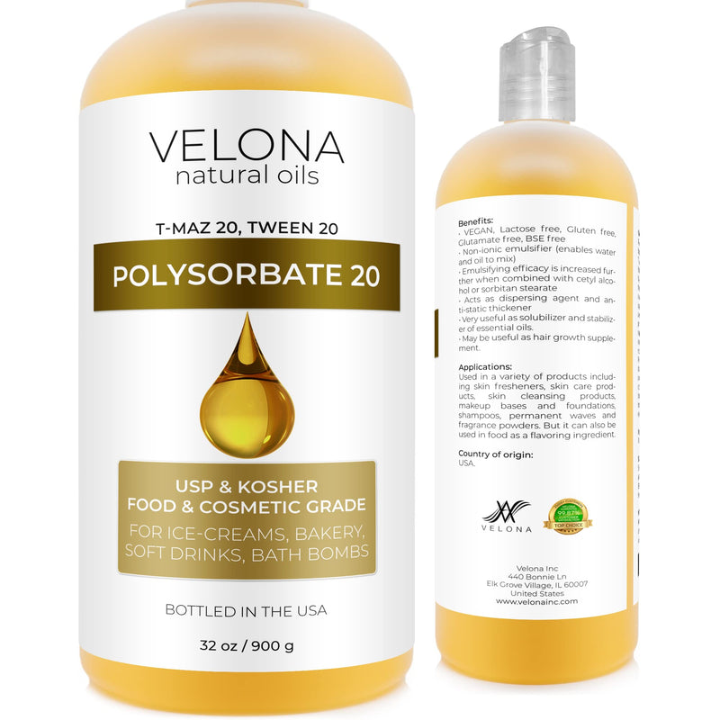 Polysorbate 20 by Velona - 32 oz | Solubilizer, Food & Cosmetic Grade | All Natural for Cooking, Skin Care and Bath Bombs | Use Today - Enjoy Results