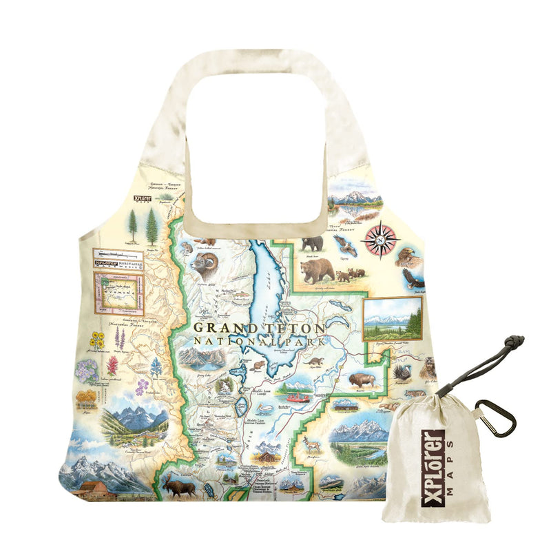 Xplorer Maps Grand Teton National Park Map Pouch Tote with Handles - Grocery Shopping Bag - Reusable & Eco-friendly - Foldable Nylon - Heavy Duty Fits in Pocket - 18x25