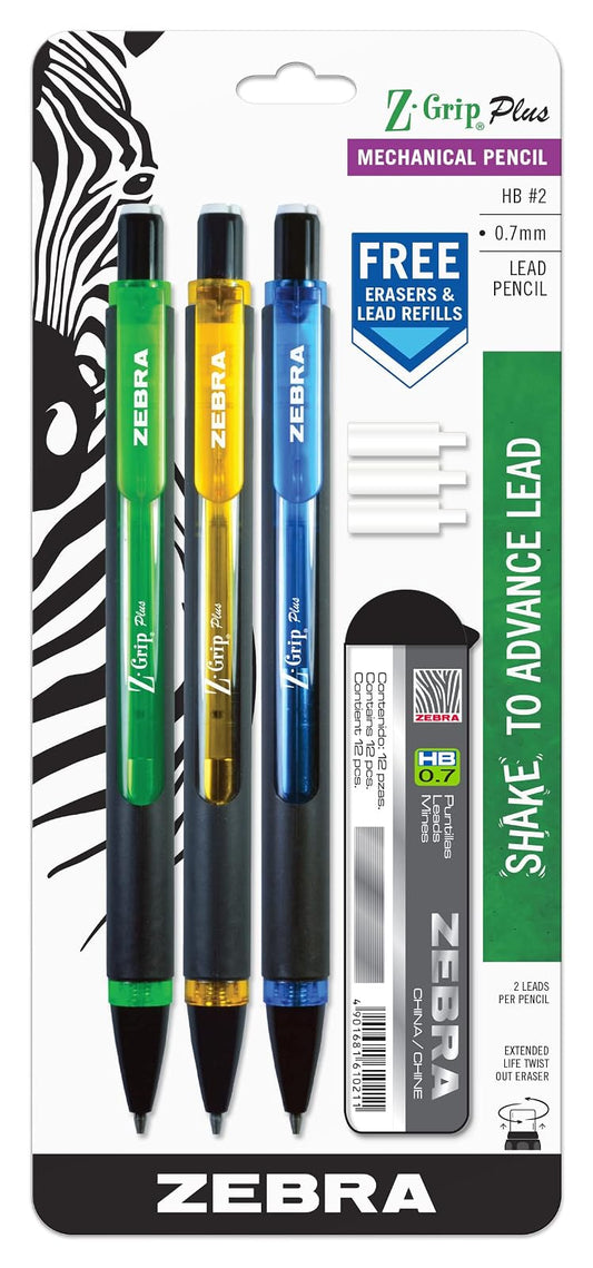 Zebra Pen Z-Grip Plus Mechanical Pencil, 0.7mm, Bonus Lead and Erasers, Assorted Barrel Colors, Green, Yellow, Blue, 3 Pack (55403), Blue, green, Yellow