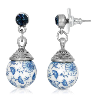 1928 Jewelry Round Blue Willow Beaded Post Drop Earring