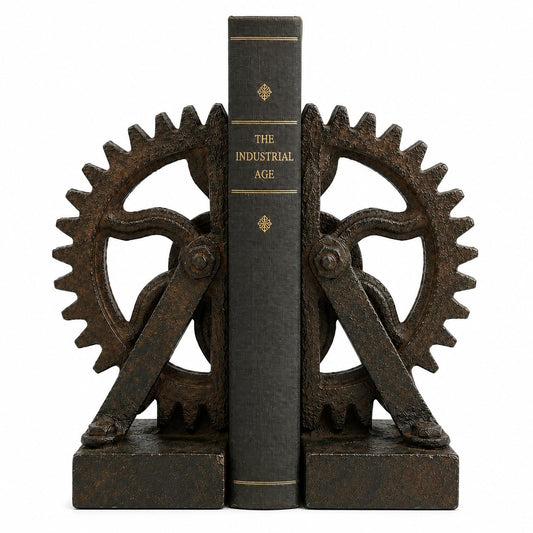 Comfy Hour Farmhouse Home Decor Collection Resin Set 2 Wheel Gear Bookends Art Bookends Solid Heavy Weight, Brown & Black