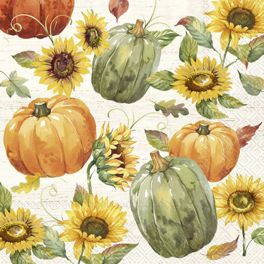 Boston International IHR Floral Fall Autumn Thanksgiving 3-Ply Paper Napkins, 20-Count Cocktail Size, Glory Harvest- Cream