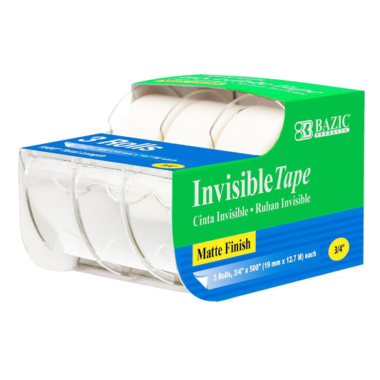 BAZIC 3/4" X 500" Invisible Tape with Dispenser, Matte Finish Adhesive Tapes, for Office Home Supply Decor Photo Gift Tapes (3/Pack), 1-Pack