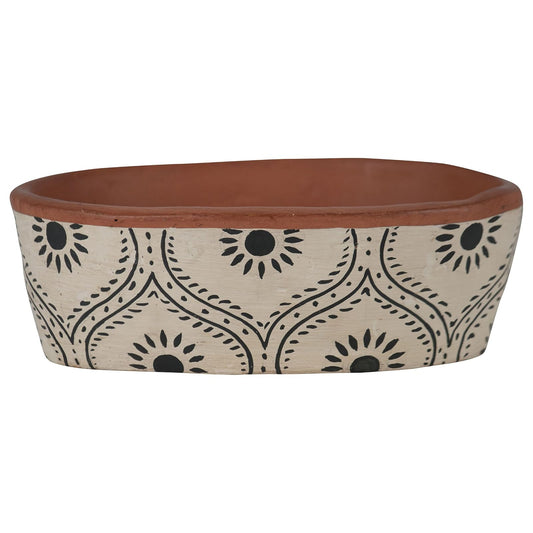 Foreside Home & Garden Natural Handthrown Oval Terracotta Planter with Handpainted Block Pattern