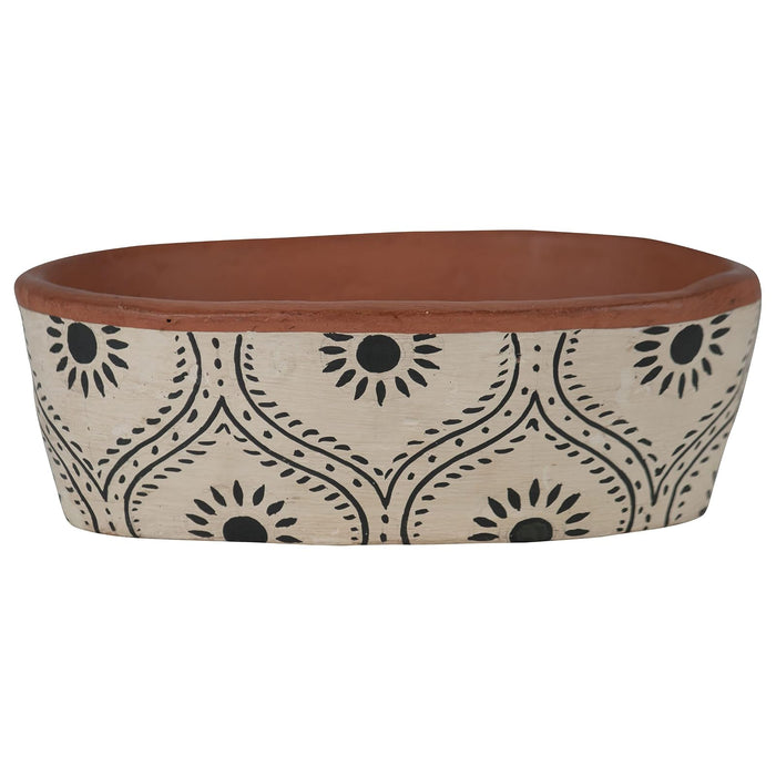 Foreside Home & Garden Natural Handthrown Oval Terracotta Planter with Handpainted Block Pattern