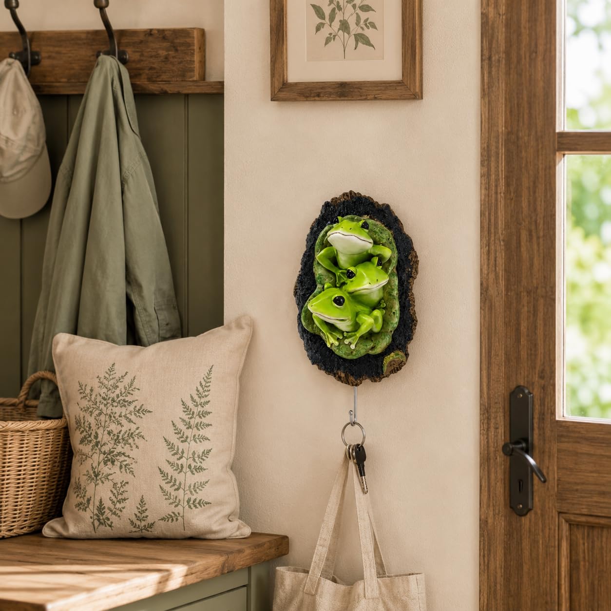Comfy Hour 9.3 Inch Frog Figurine Wall Hanger, Tree Cavity Hook