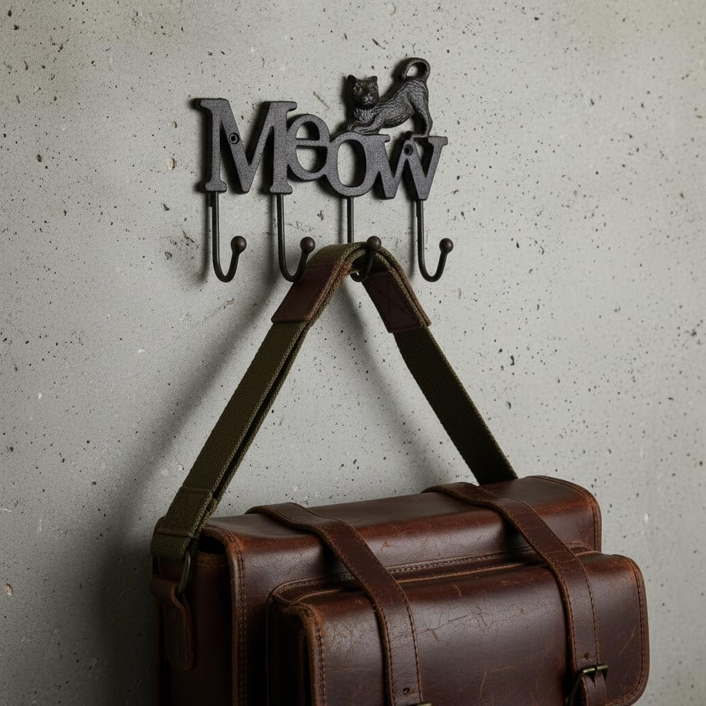 Comfy Hour 6" Cast Iron Cat Meow Four Key Hooks Key Chain Wall Hanger