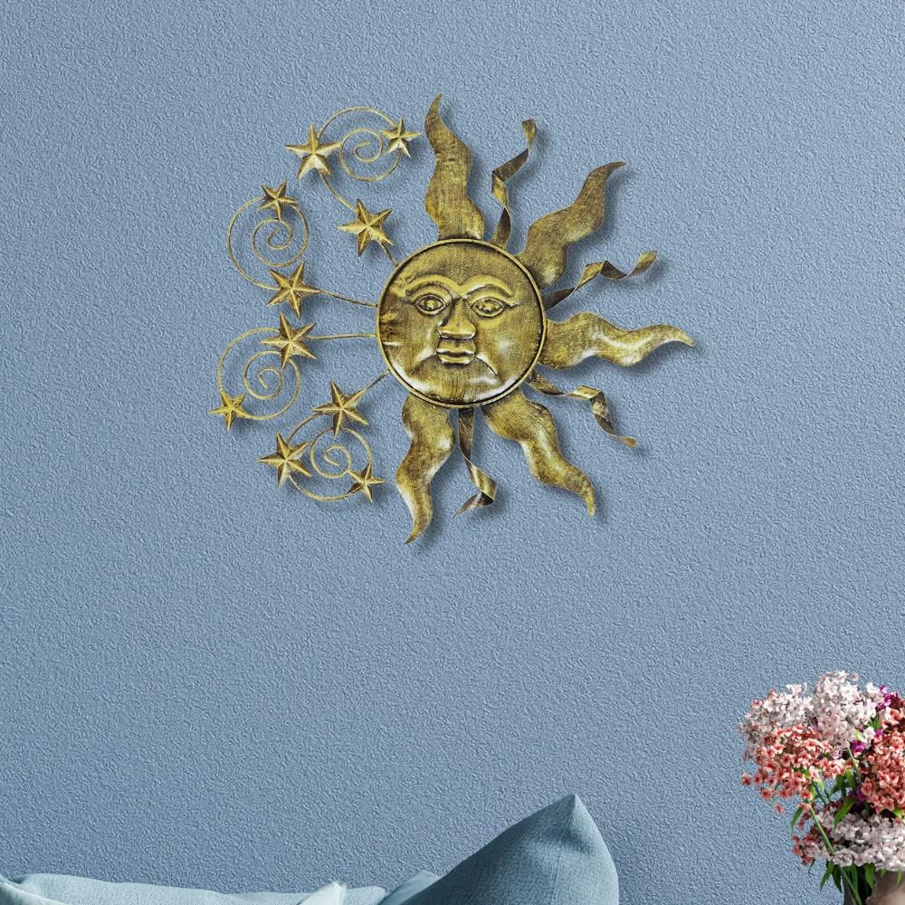 Comfy Hour Sun Moon Face Engraved Collection 19" Metal Art Sunface Star Wall Decor, Home Decor, Wall Attachment, Golden Bronze