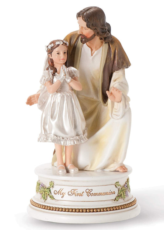 Roman My First Communion Young Girl with Jesus 7 Inch Resin Stone Musical Figurine Plays The Lord's Prayer