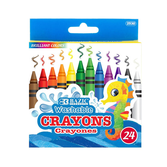 BAZIC 24 Color Washable Premium Crayons, Assorted Coloring Set, School Art Creative Gift for Kids Age 3+, 1-Pack