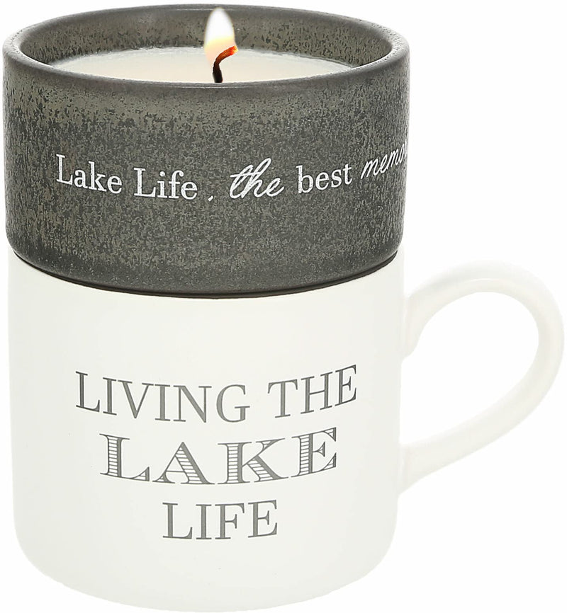 Pavilion - Living The Late Life - 4 Oz Candle &amp; 10.8 Oz Mug Gray &amp; Cream Neutral Stackable To: From: Tag Gift Set