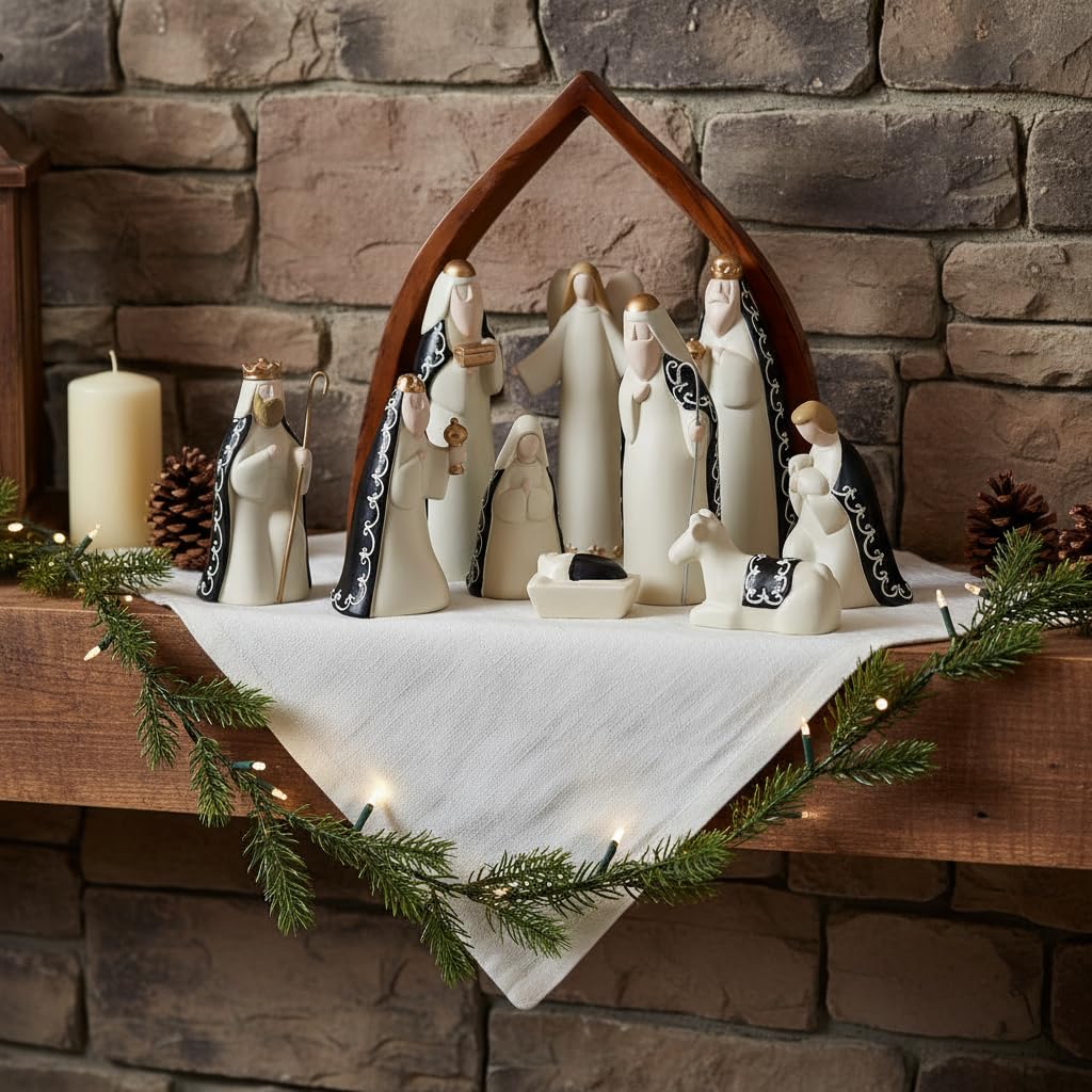 Comfy Hour Faith and Hope Collection Baby Jesus, Holy Family with Angel, Christmas Nativity Scene Figurine, Stable Set of 9 Pieces, Polyresin