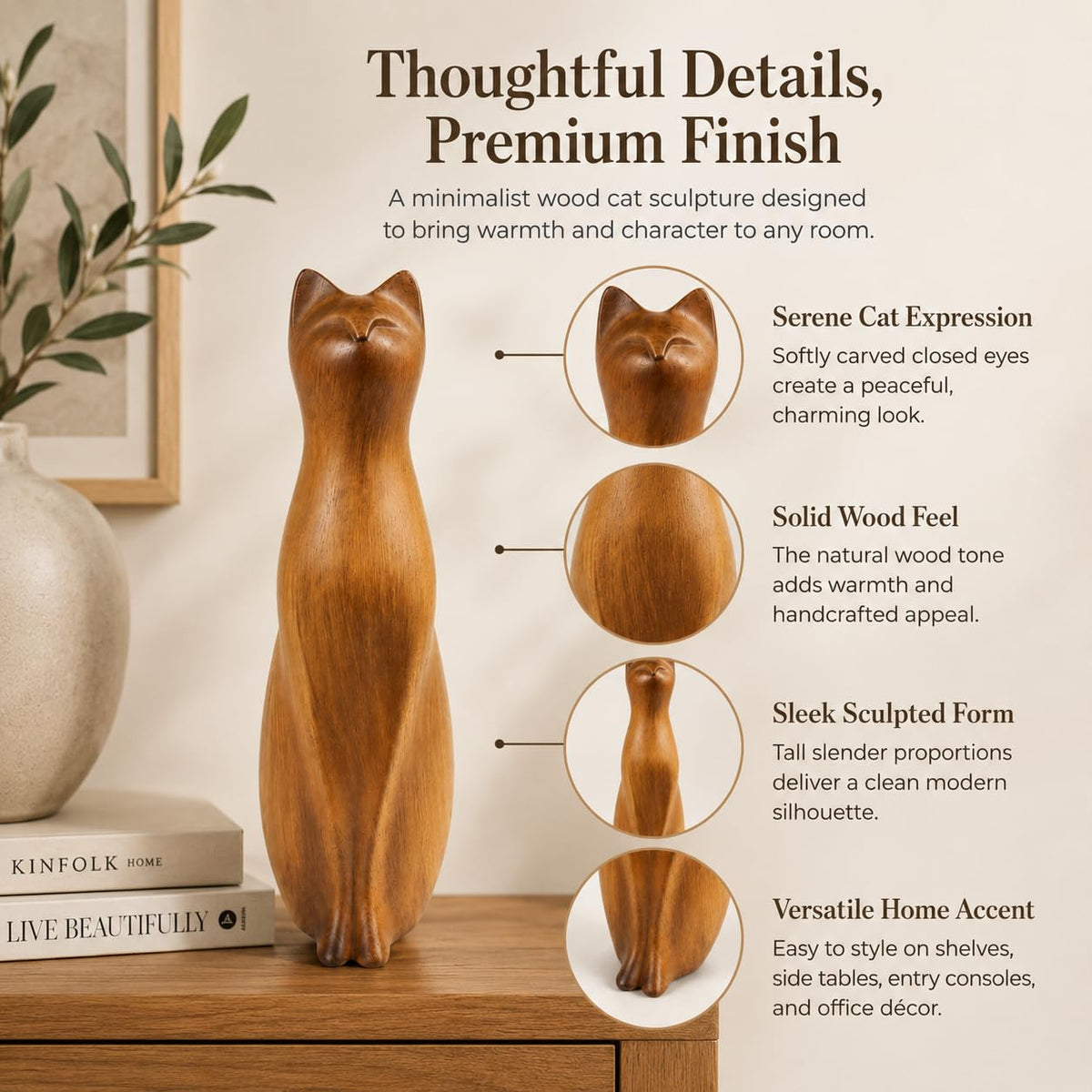 Comfy Hour Farmhouse Home Decor Collection 8" Decorative Kitty Statue Sitting Cat Figurine, Wood Grain Smooth Finish, Polyresin