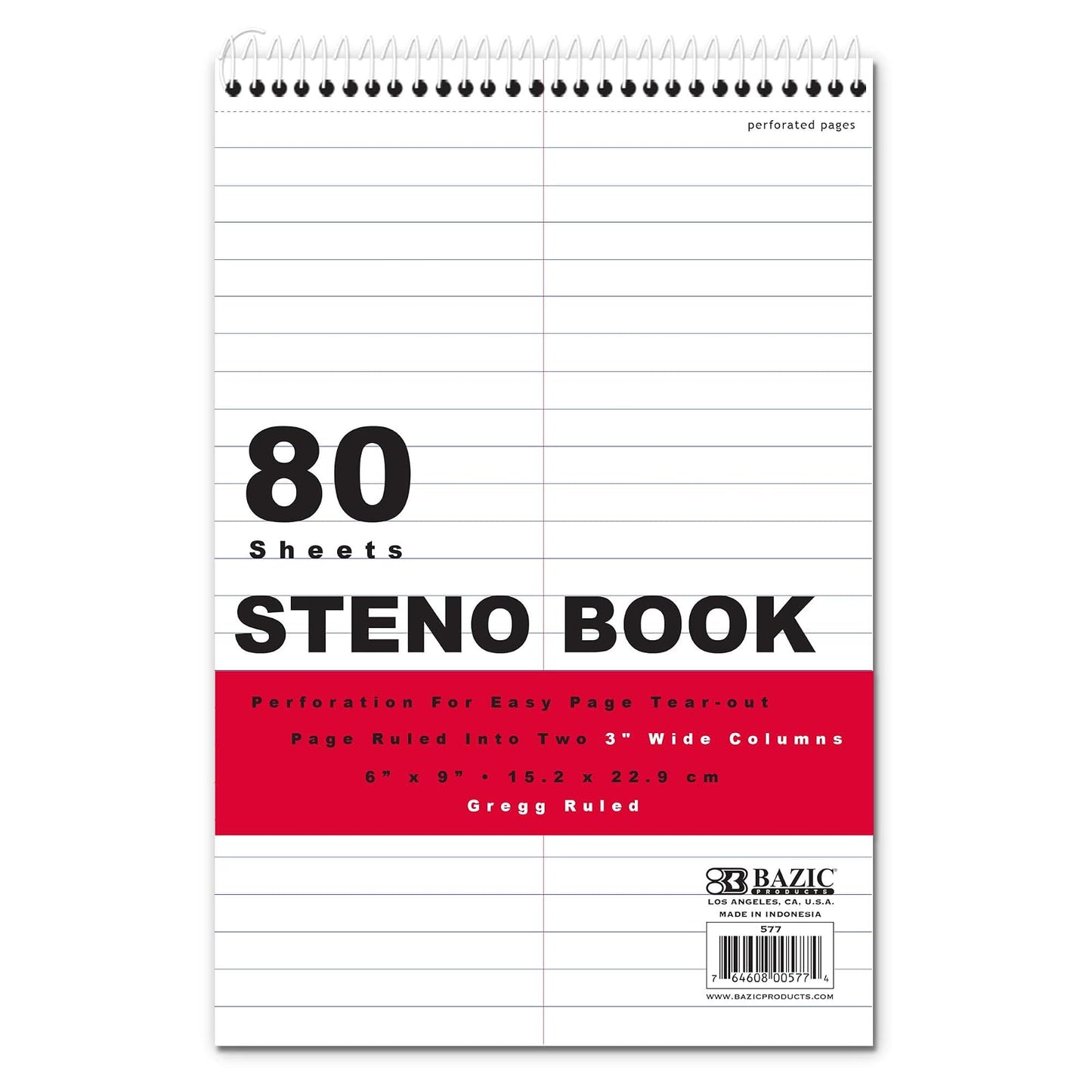 BAZIC Perforated Writing Pad Writing Pad, 80 Sheets 6"x9" White Gregg Ruled Steno Book, 1-Pack