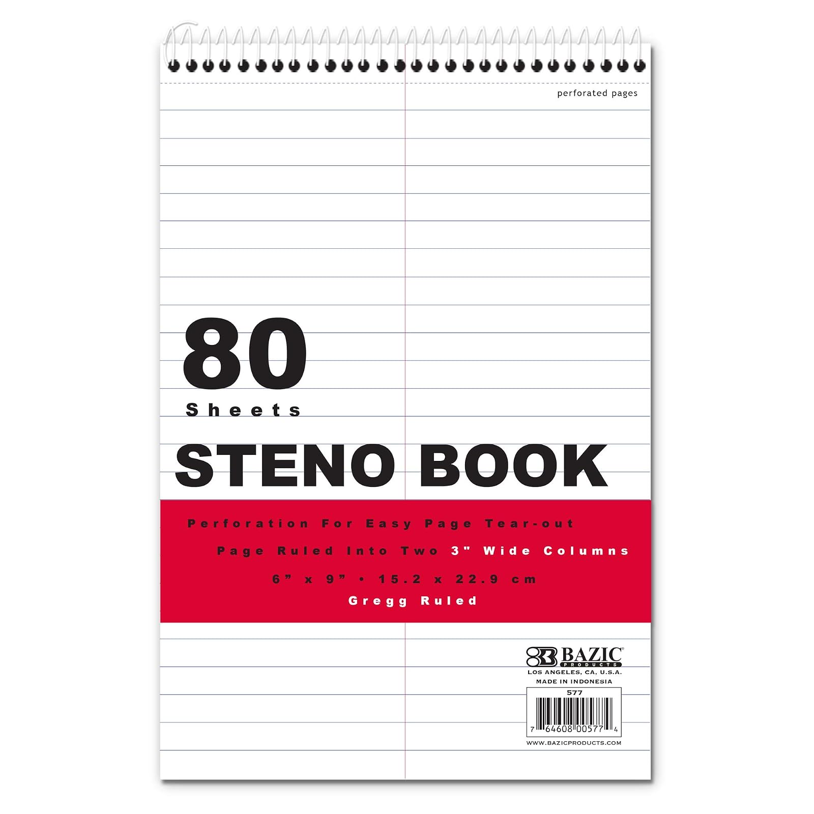 BAZIC Perforated Writing Pad Writing Pad, 80 Sheets 6"x9" White Gregg Ruled Steno Book, 1-Pack