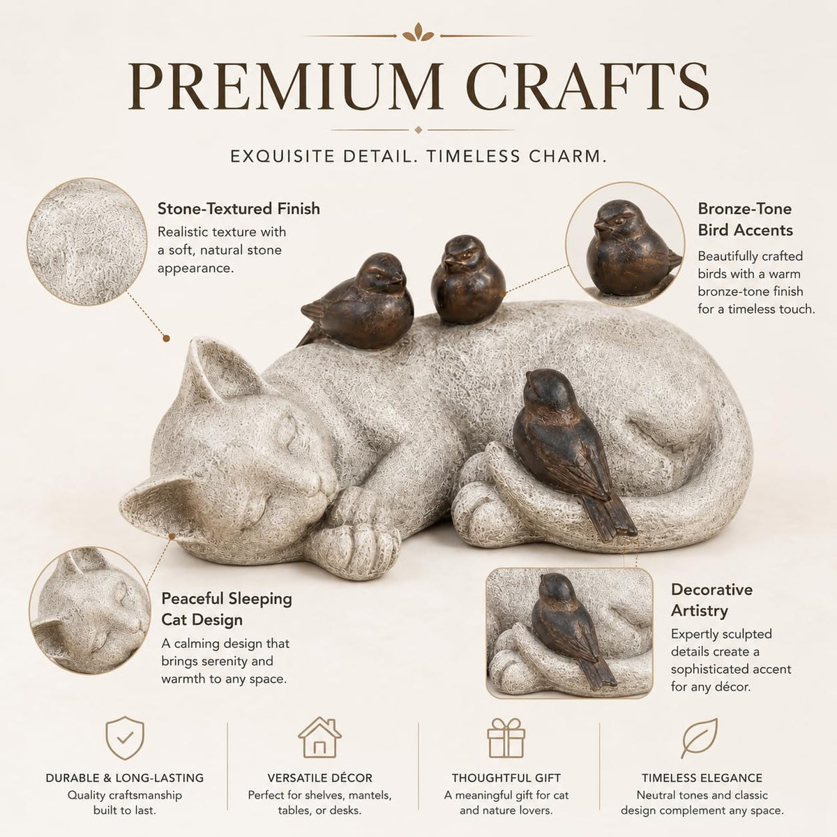 Comfy Hour Pet In Loving Memory Collection 12" Length Garden Accent Decorative Sparrows On Cat Figurine, Polyresin Statue Stone Looking