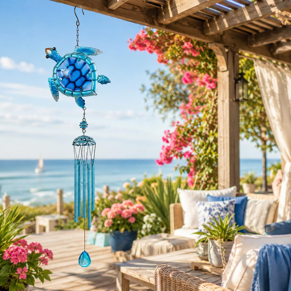 Comfy Hour Ocean Voyage with Sea Turtles Collection Metal Art 35" Turtle Ocean Wild Animal Windchime Hanging Windbell Blue