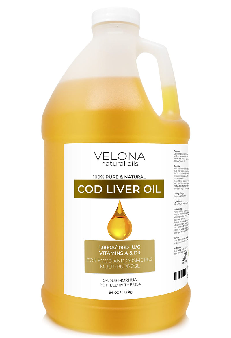 velona Cod Liver Oil - 64 oz | 1,000A/100D IU/g Omega 3 Vitamins A & D3 | Norwegian Arctic Sustainably Sourced Nordic Oil | Hair, Body and Skin Care | Use Today - Enjoy Results